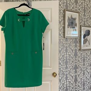 Tommy Hilfiger green, shrt-sleeved dress with gold buttons, zip back, size 18